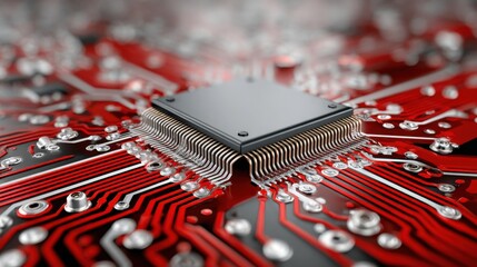 Poster - Detailed view of a microchip positioned at the center of a circuit board with numerous electronic connections. The vibrant red color of the board highlights the complexity of technology.