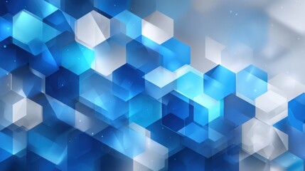 Poster - A dynamic arrangement of blue hexagons creates a layered effect with varying shades. The design conveys a sense of movement and depth in a modern and artistic manner.