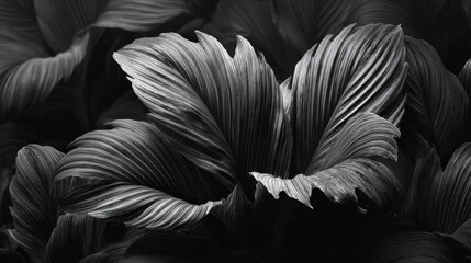 Poster - Textured leaves display intricate patterns in vivid black and white, enhancing the natural beauty and details of the foliage at close range. The contrasts emphasize their unique shapes.