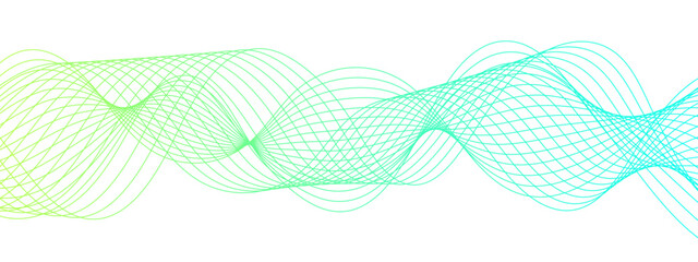 Poster - Abstract wave design with a series of flowing, overlapping sinusoidal curves in a gradient. Clean white background, with wave line with sense of motion and fluidity. Sound waves or light frequencies