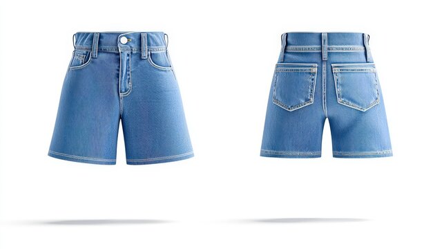Blank short jean skirt design mockup in 3D rendering, front and rear display for branding or lookbook presentation, set on white background