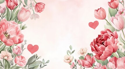 Poster - Charming floral Valentine banner with a garden of blooming peonies and tulips, entwined with he-shaped leaves and subtle pink tones