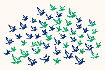 Poster - Artistic flock of birds illustration in navy blue and green on a transparent background offering graphic design flexibility