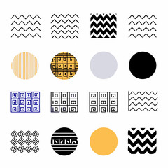 Poster - Collection of decorative vector elements with diverse geometric shapes and seamless patterns with transparency.