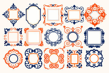 Poster - Decorative frame collection in orange and navy blue colors featuring ornate and elegant designs