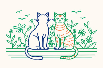 Poster - Whimsical illustration of two sitting cats among floral elements in a clean line art style