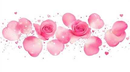 Poster - Delicate surreal pink rose petals drifting down surrounded by tiny stars and he-shaped sparkles, perfect for gentle nursery , isolated on white