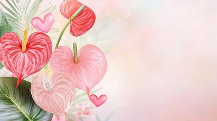 Poster - Exotic floral Valentine's banner with vibrant anthuriums, palm fronds, and he-shaped accents on a soft pastel background