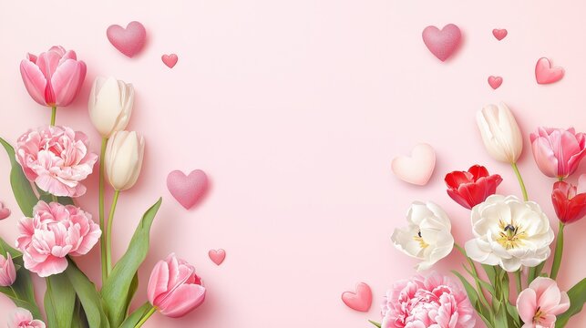 Modern minimalist Valentines floral banner featuring realistic tulips and peonies in soft pastel hues, enhanced with floating hes and gentle shadows