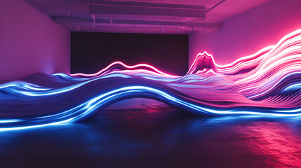 Poster - A neon sign with pink and blue lights is on a wall. The sign is long and has a wave-like shape. The colors are bright and vibrant, creating a lively and energetic atmosphere