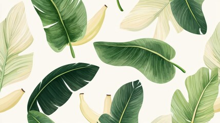 Poster - Stylized banana leaves in a repeating geometric lay, with clean lines and a minimalist light background for a modern botanical aesthetic