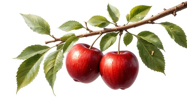 ripe red apples illustration hanging on a thin tree branch, isolated on a clean white background