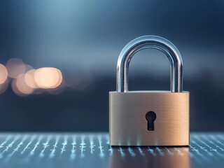 Poster - A brass padlock rests on a dark surface with a blurred city lights background, symbolizing digital security and data protection