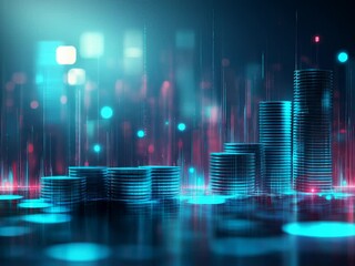 Poster - Neon-lit stacks of translucent coins rise against a blurred cityscape backdrop, reflecting on a glossy surface, creating a futuristic financial representation