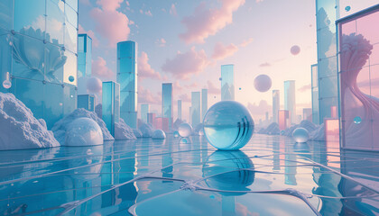 Aufkleber - A serene vista unfolds featuring glass skyscrapers, reflective water, floating spheres, and a soft pastel sky creating a dreamlike architectural scene.