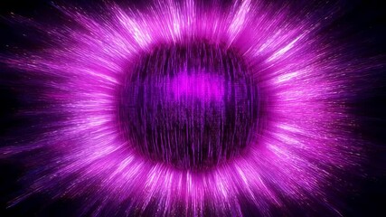 Poster - A vibrant purple sphere radiates energy outwards, creating a dazzling, dynamic explosion of light streaks against a dark background. 
