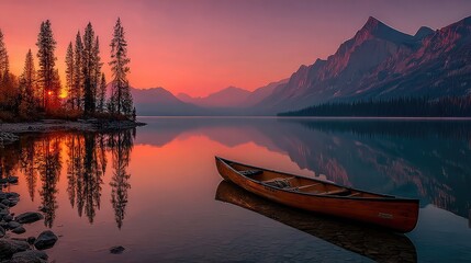 Naklejka na meble Serene Lake Canoe Mountain Reflections at Sunsets Golden Hour.