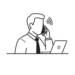 Fototapete - Businessman talking on phone next to laptop modern black and white flat illustration