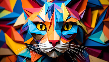 Poster - A vibrant, geometric depiction of a cat's face, crafted from colorful paper, showcasing intricate details and a modern artistic style