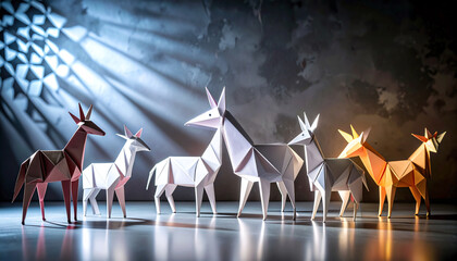 Poster - Origami animals in various colors stand together, showcasing intricate designs and shadows against a textured background