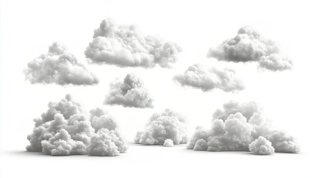 Set of white fluffy clouds, rendered in a realistic style, isolated on a white background