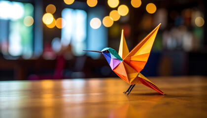 Poster - An intricately folded origami hummingbird stands on a wooden table, with a soft bokeh background of warm lights creating a cozy atmosphere