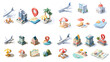 © Creative Nest - Clean isometric icons of travel and vacation elements including planes, resorts, beach umbrellas, and maps—ideal for travel apps, brochures, and itinerary graphics.