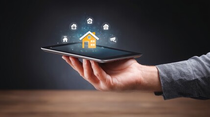 Poster - Hand Holding Tablet with Smart Home System Icons for Digital Connectivity and Modern Living Solutions