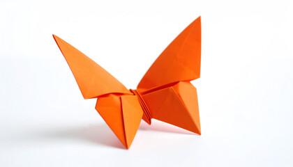 Poster - An elegant orange origami butterfly sits against a white background, showcasing intricate folds and a vibrant hue