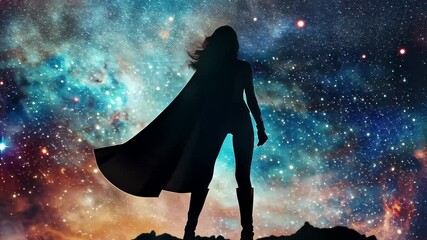 Poster - Woman superhero stands confidently against a vibrant galaxy background showcasing cosmic colors and stars, woman superhero stand with galaxy background video