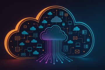 Fototapete - Cloud Data Visualization: A captivating digital representation of a cloud, interconnected with lines and icons, symbolizes the vast network and data storage of modern technology. 