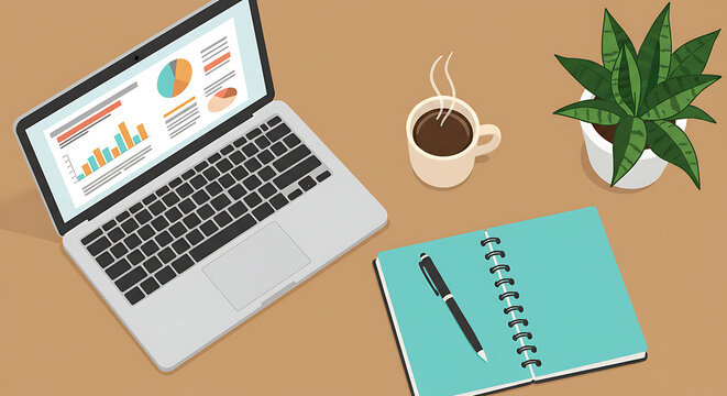 Workstation Illustration Laptop Data Notebook Coffee and Plant An organized digital workspace for productivity and creativity