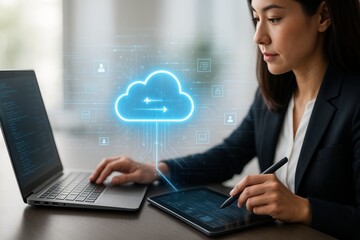 Fototapete - Digital Workspace: A focused professional is deeply engaged in her tech-enabled workspace, seamlessly interacting with a digital cloud, signifying modern technology and data management.