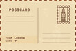 © Anastasiia - From London postal card template. Vector grungy vintage style postcard illustration with stamp, tower, landmark, message. Simple flat greetings image layout
