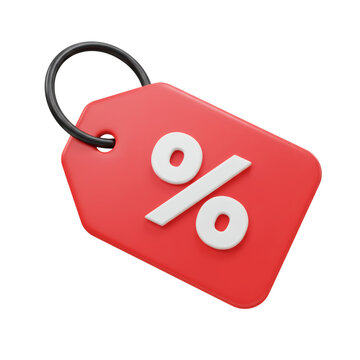 Red sale tag with white percentage symbol and black ring isolated on transparent background