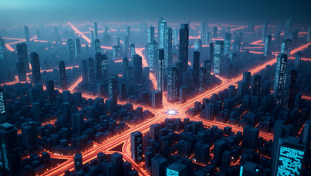 Futuristic Cityscape A Realistic Aerial View of a Digital Metropolis