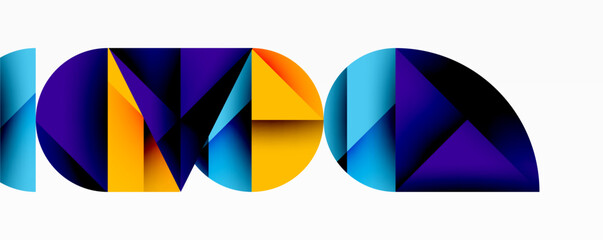 Poster - Abstract geometric shapes form colorful letterforms. Vivid blues, purples, yellows create dynamic visual impact. Modern design.