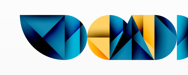 Poster - Abstract geometric shapes form letters. Blue, yellow hues dominate design. Minimalist style, clean lines present modern aesthetic.