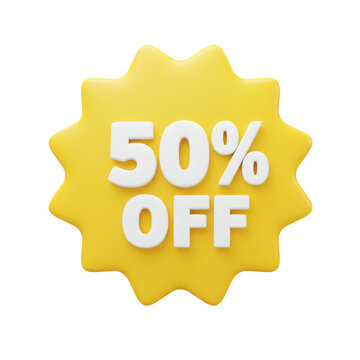 Bright yellow starburst shape with white 3d text saying 50 off isolated on transparent background