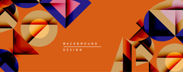 Leinwandbilder - Abstract geometric composition. Overlapping shapes create dynamic visual interest. Warm orange background contrasts with cool blue, pink, gold tones. Modern design element.