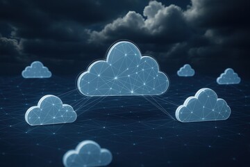 Fototapete - Digital Cloudscape: The digital clouds, interconnected by subtle lines against a dramatic dark sky, suggesting the complexity of information technology in the digital age.