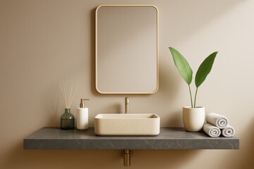Poster - Modern minimalist bathroom interior with beige sink, green plant, and wall mirror on neutral background in contemporary design style. Ai generative.