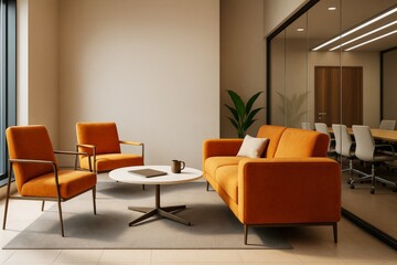 Poster - Modern lounge area with orange seating and coffee table in office interior with glass wall and conference room in background.