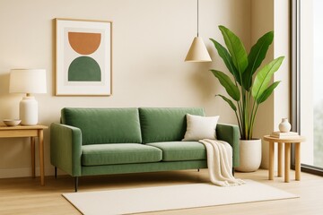 Poster - Modern living room with green sofa, minimal decor and large plant in bright contemporary interior with natural light and wooden furniture.