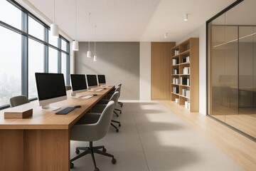 Poster - Modern office interior with wooden desks, gray chairs, computers, and bookshelf in bright space with large windows and minimalist decor.