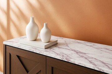 Poster - Minimalist ceramic vases on marble countertop against warm orange wall in modern interior decor setting with natural light and wooden cabinet design.