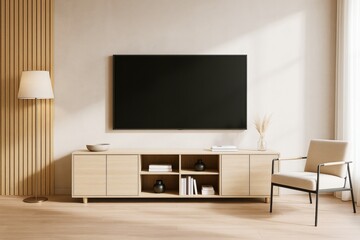 Aufkleber - Minimalist contemporary living room with wooden furniture, flat screen TV, and neutral tones in soft natural light on wooden floor background.