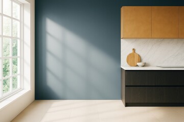 Poster - Modern minimalist kitchen interior with natural light, marble backsplash, and wood cabinetry in a bright contemporary room concept.
