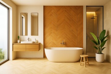 Poster - Minimalist modern bathroom with freestanding tub, wooden decor, large plant, and natural light in warm contemporary interior design style.