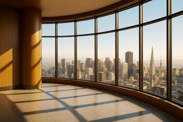Poster - Modern empty interior room with curved panoramic floor-to-ceiling windows overlooking a city skyline in warm natural light at sunset.